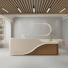 the interior of a modern office with white walls and wooden ceilinging, along with an l shaped reception counter