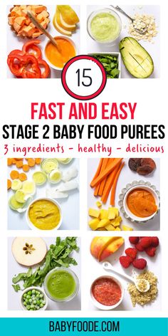 the baby food guide for fast and easy stage 2 baby food purees is shown