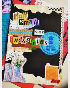 an altered collage with small pictures and words on it's side, along with other papers