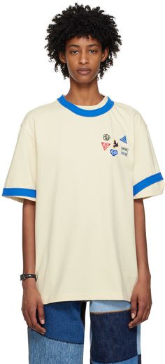 Cotton-blend jersey T-shirt. · Layered construction · Rib knit trim at crewneck and cuffs · Printed graphics and embroidered appliqués at chest · Logo flag at back Supplier color: Ivory Patch Tshirt, Nba Fashion, Ader Error, Color Ivory, Sports Shirts, Jersey T Shirt, Rib Knit, Kids Tshirts, Women Wear