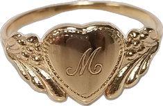 14k Gold Engraved Ring With Initials For Collectors, Personalized Engraved Yellow Gold Ring For Collectors, Gold Engraved Initial Ring, Classic Heart Jewelry For Collectibles, Classic Gold Initial Ring Collectible, Classic Heart-shaped Collectible Jewelry, Classic Heart Shaped Collectible Jewelry, Gold Engraved Initial Ring Collectible, Vintage Ring Jewelry For Valentine's Day