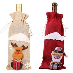 two wine bottles with santa claus and snowman on them, one in a sack