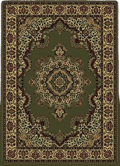 a green rug with an ornate design on the center and gold trimming around it