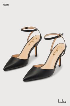 You're sure to be the classiest babe in the room when you have the Lulus Azalian Black Pointed-Toe Ankle Strap Heels! Smooth faux leather shapes these must-have heels that feature a pointed-toe upper with a low-cut collar and a slender adjustable ankle strap that secures with a gold buckle. A classic stiletto heel completes the sophisticated look! 3. 5" wrapped stiletto heel. Cushioned insole. Rubber sole has nonskid markings. All Man Made Materials. Imported. Lulus | Azalian Black Pointed-Toe A Black Pointed Heels, Work Heels, Black Ankle Strap Heels, Black Stiletto Heels, Fresh Shoes, Size 11 Heels, Pointed Heels, Ankle Strap Pumps, In The Room