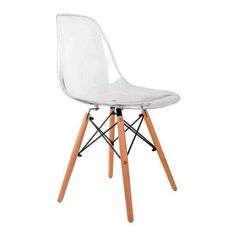 a white chair with wooden legs and a plastic seat cover on it's back