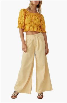 Please review our pictures for measurements. Authentic FREE PEOPLE. Add me to your Favorites list new FREE PEOPLE women pants OB1634939 D948 yellow wide leg cotton sz 6 $128. Tag Info: STYLE: OB1634939 D948. COLOR: D948. 97% COTTON, 3% ELASTANE. MADE IN TURKEY. SIZE: 6. MSRP: $128.00. Move easily in these lightweight stretch-cotton pants punctuated with leg-elongating wide hems. Superior craftsmanship and comfort! Please review our pictures for measurements. Spring Trousers, Womens Capris, Clothing Retail, Feminine Dress, Cotton Pants, Wide Leg Trousers, Cute Tops, Stretch Cotton, Wardrobe Essentials