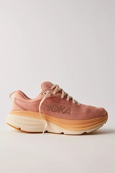 HOKA® Bondi 8 Sneakers | Free People Hoka Shoes Woman Outfit, Hoka Shoes Woman, Rocker Sole Shoes, Blue Cosmos, Peach Parfait, Hoka Bondi 8, Hoka Shoes, Women's Fitness Motivation, Coral Peach