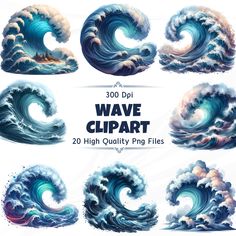 the ocean wave clipart collection includes various waves, clouds and other objects to be used for