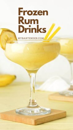 frozen rum drinks in glasses with lemon wedges on the rim and text overlay that reads frozen rum drinks