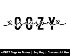 the word coozy is written in cursive font and surrounded by hearts