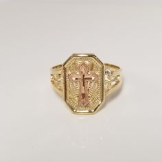 "Thanks for shopping our vintage estate store. We tend to sell well below wholesale and truly hope you enjoy all of our items. Many of the items are one of a kind, so please enjoy scrolling through the pictures and hopefully something will catch your eye. Black spots are from the reflections. Estate 10k yellow rose gold cross filigree ring. Ring size: 7 Setting: 5/8\" by 1/2\" Band width: 2.5mm Weight: 2.10 grams Stunning ring, marked 10k. As with most estate items there may be some wear on item Gold Rings For Women Mexican, Gold Rings Latina, Gold Rings Mexican, Jewelry Photography Tutorial, Real Gold Rings, Piercings Bonitos, Gold Jewelry Rings, Cross Rings, Quinceanera Jewelry