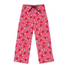 Add custom style to any loungewear collection with these custom watermelon printed pajama pants. Their 100% polyester jersey knit fabric, along with the relaxed fit, makes for the ultimate comfort choice while kicking back at home. Meanwhile, the back elastic with the drawstring tie creates the perfect fit while the all-over-print adds a stylish dimension unique to your taste.  .: 100% polyester .: White seam thread .: Light fabric (6 oz/yd² (203 g/m .: Relaxed comfort fit .: Back elastic and bl Casual Sleepwear With Strawberry Print For Pajama Party, Casual Cotton Sleepwear With Strawberry Print, Casual Strawberry Print Sleepwear For Pajama Party, Casual Sleepwear With Fruit Print For Loungewear, Casual Sleepwear With All Over Print For Pajama Party, Comfortable Pink Summer Pants, Summer Pants With Elastic Waistband For Sleepover, Casual Sweatpants With Elastic Waistband For Pajama Party, Playful Relaxed Fit Sweatpants For Loungewear