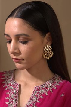 18kt gold plated 92.5 silver Bloom Tara drop earrings with vellore polki and freshwater pearl embellishments. - Aza Fashions Elegant Bridal Earrings With Cutdana For Festive Occasions, Elegant Wedding Danglers With Gota Work, Formal Kundan Bridal Earrings With Tilla Detailing, Elegant Chandbali Jhumkas With Gota Work, Formal Bridal Kundan Earrings With Tilla, Elegant Jhumkas With Gota Work, 22k Gold Cutdana Danglers, Elegant Festive Jhumkas With Gota Work, Elegant Jhumkas With Gota Work For Diwali