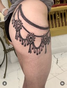 Body Chain Tattoo, Lace And Jewel Tattoos For Women, Corset Tattoo, Chandelier Tattoo, Jewelry Tattoo Designs, Cover Tattoos, Piercing Art, Sternum Tattoos, Dark Skin Tattoo