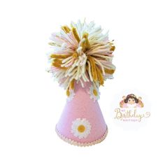 "- This adorable hat is the perfect addition for the birthday girl's outfit! Each item at our shop is handmade at our studio with soft pink felt, pink glitter chunky fabric trim, embellished with daisies and yarn pom pom on top. Hat is lined with mustard color felt. Hat is attached to a 1/8\" skinny elastic. Size: 6.5\" inches height 3.5\" inches in diameter We can make any color combination, and we can add a number or letters, just messaged us with details. And the best part is that they are Re Daisy Birthday, Groovy Birthday, Daisy Party, Hat Party, Pink Felt, Yarn Pom Pom, Boho Party, Birthday Girl Outfit, Mustard Color