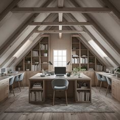 an attic office with two desks and bookshelves