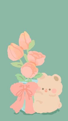 a teddy bear sitting next to a bouquet of flowers on a green background with pink ribbon