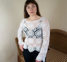 "Also you can find other Crochet blouses here: https://www.etsy.com/shop/NataliStudioUA?ref=seller-platform-mcnav&section_id=22291529 Hand made. Crochet white summer blouse. Crocheted blouse crocheted from beautiful and very delicate motifs. Motifs are connected to each other in the process of knitting according to the scheme. This interesting and openwork blouse model will be a great addition or even a highlight in the wardrobe. Blouse length - 56 cm/22\" size: M (height of model 165 - 170 Casual Long Sleeve Crochet Lace Blouse, Elegant Spring Crochet Tops, Crochet Long Sleeve Tops For Summer, Long Sleeve Crochet Tops For Summer, Summer Long Sleeve Tops With Crochet Lace, Summer Crochet Long Sleeve Sweater, White Crochet Blouse For Summer, Casual Crochet Lace Long Sleeve Tops, Fitted Crochet Blouse