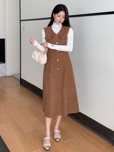 1pc Women Sleeveless Solid Color Mid-Length Dress, Autumn/Winter Brown Elegant  Sleeveless Woven Fabric Plain A Line Non-Stretch  Women Clothing, size features are:Bust: ,Length: ,Sleeve Length: Fashion Sewing Projects, Beautiful Hair Accessories, Mom Fashion, Dress Autumn, Brown Outfit, Dress Inspo, Women's Shapewear, Long Sleeve Knit Tops, Mid Length Dresses