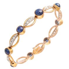 Beautiful 18k yellow gold bracelet featuring oval links with Rose cut diamond bars connected by cabochon sapphire buttons. Cabochon Bracelet, Blue Sapphire Bracelet, Gold And Silver Bracelets, Gold Link Bracelet, White Gold Set, Purple Sapphire, Bracelets Gold Diamond, Jewelry Luxury, Sapphire Bracelet