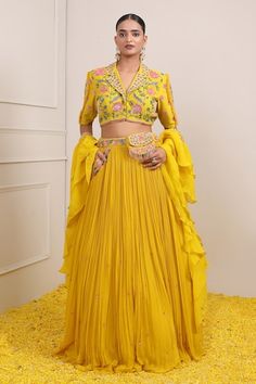 Yellow attached cancan lehenga with sequin, bead embroidered waistband. Paired with embroidered jacket style padded blouse, dupatta, belt and bag. - Aza Fashions Fitted Hand Embellished Sets For Navratri, Navratri Fitted Hand Embellished Choli, Festive Yellow Hand Embellished Set, Festive Hand Embellished Yellow Set, Festive Yellow Hand Embellished Lehenga, Fitted Hand Embellished Sets For Festivals, Hand Embellished Fitted Sets For Festivals, Fitted Hand-embellished Sets For Festivals, Hand Embellished Fitted Festival Sets