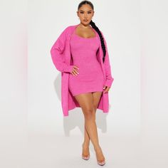 Brand New Never Worn 100% Acrylic Stretchy Fitted Dress With Cardigan, Lounge Fashion, Curvy Casual Outfits, Cardigan Sleeveless, Hot Pink Fashion, Women's Sleepwear, Mini Sweater Dress, Pink Mini Dresses, Dress Set