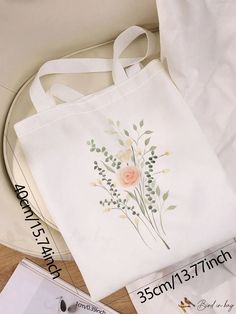 BirdinBag - White Canvas Shopper Bag with Elegant Floral Pattern Canvas Shopper Bag, Halloween Bags, Bags Tote, Elegant Floral, Shopper Bag, White Canvas, Womens Tote Bags, Floral Pattern, 4 Inch