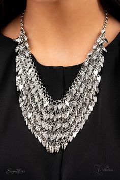 Enhanced with edgy sharpened tips, a seemingly infinite display of plain silver and white rhinestone encrusted teardrop discs dauntlessly drips from an interconnected backdrop of sleek silver links. The ferocious display of alternating dazzle fearlessly dances to its own beat, creating a flirtatiously fierce fringe below the collar. Features an adjustable clasp closure. Named after the 2021 Seize the Spotlight winner, NaKisha M. Sold as one individual necklace. Includes one pair of matching earr Silver Frames, Paparazzi Accessories, White Rhinestone, Paparazzi Jewelry, Boutique Jewelry, Necklace Earring Set, Matching Earrings, Amazing Jewelry, Silver Necklaces