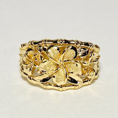 14K Yellow Gold Plumeria Flower Bamboo Ring Size 6.75 Shank width 3.7–5.1 mm Top measures approx. 19.0 x 11.7 x 3.2 mm Stamped 14K TJL Total weight approx. 4.17 g Condition preowned, please see photos for detail Plumeria Ring, Bamboo Ring, Lily Ring, Funky Jewelry, Random Things, Hibiscus, Jewelry Watches, Jewelry Rings, Ring Size