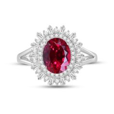 This stunning engagement ring boasts a 9x7 millimeter oval created ruby as its focal point, surrounded by baguette and round created white sapphires. Made of high-quality sterling silver, this ring is sure to capture attention and make a lasting impression. White Sapphire Engagement Ring, Engagement Ring Size, Stunning Engagement Ring, Sapphire Engagement Ring, Engagement Ring Sizes, Red Gemstones, Ruby Gemstone, Sapphire Engagement, Sapphire Gemstone