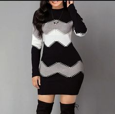 New Fashion, Sweater Dress, Can Be Worn As A Sweater Top Or Dress. Size Xl Sukienki Plus Size, Mock Neck Sweater Dress, Graduation Outfits, Pencil Skirt Dress, Warm Dresses, Body Con Dress, Summer Concert, Pattern Sweater, Colorblock Dress