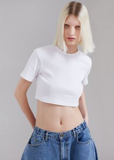 Nico Cropped Tee - White Classic Fitted T-shirt With Ribbed Collar, Summer Cropped Ribbed T-shirt, Stretch Knit Top With Ribbed Collar, Spring Stretch Ribbed Knit Top, Stretch Ribbed Knit Top For Everyday, Classic White Ribbed Top, Solid Color Top With Ribbed Collar And Crew Neck, Spring Short Sleeve Tops With Ribbed Neckline, Solid Color Cotton Knit Top With Ribbed Neckline