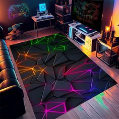 a living room filled with furniture and colorful lights on the floor, along with a rug that looks like an origami