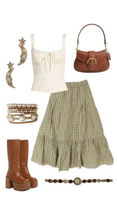 Earth Tone Concert Outfit, Folk Music Outfit, Hozier Vibes Outfit, Concert Accessories Ideas, England Aesthetic Outfit Summer, Summer Dress Autumn Outfit, Fall Fashion Inspo Outfits, Whimsical Skirt Outfit, County Outfit Ideas