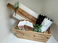 a wooden box filled with personalized items