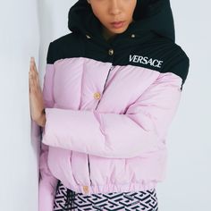 Versace Jacket Used Trendy Pink Outerwear With Padded Collar, Pink Puffer Jacket With Padded Collar, Pink Long Sleeve Puffer Jacket With Padded Collar, Designer Pink Spring Outerwear, Luxury Pink Long Sleeve Outerwear, Luxury Long Sleeve Pink Outerwear, Luxury Pink Outerwear For Spring, Designer Fitted Pink Outerwear, Luxury Pink Outerwear For Winter