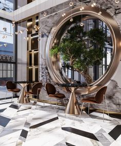 a large circular mirror in the middle of a room with chairs and a potted tree