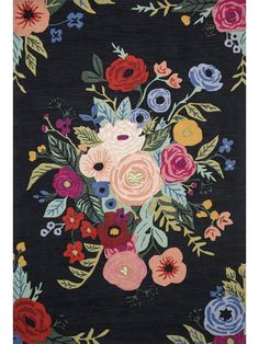 a black rug with colorful flowers on it