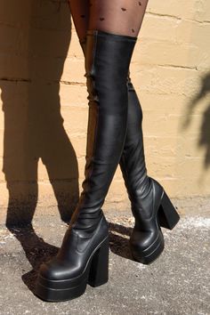 Faux leather upperDouble platform sole Inside zip Thigh high length High block heel Closed square toe New Trend Shoes, Dance Boots, Over Knee Boots, Platform Block Heels, Super High Heels, Aesthetic Shoes, Thick Heel, Thick Heels, Thigh High Boots