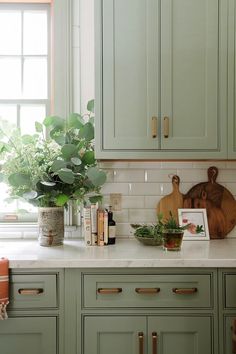 a kitchen with green cabinets and plants on the counter top in front of an open window