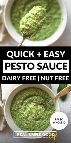 two bowls filled with pesto sauce on top of a white plate and the words quick and easy pesto sauce dairy free