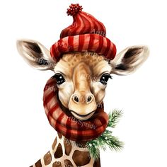 a painting of a giraffe wearing a scarf and hat