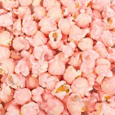 closeup of pink popcorn kernels on white background