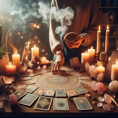 a person holding a tarot card in front of candles and cards on a table