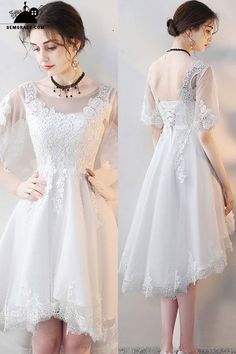 Homecoming Dresses Elegant White Lace High Low Party Dress with Sleeves #MXL86003 at GemGrace. View more special Special Occasion Dresses,Homecoming Dresses,Cheap Homecoming Dresses,Short Homecoming Dresses,White Homecoming Dresses,Cute Homecoming Dresses,Modest Homecoming Dresses now? #GemGrace To buy delicate gowns at affordable prices. Over 399 new styles added, shop now to get $5 off! All free shipping! White Short Party Dress, Homecoming Dresses High Low, Party Dress With Sleeves, Modest Homecoming Dresses, High Low Party Dresses, Trendy Dress Styles, Delicate Gown, Party Dresses With Sleeves, White A Line Dress