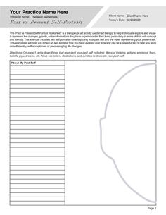 The “Past vs Present Self-Portrait Worksheet” is a therapeutic art activity used in art therapy to help individuals explore and visually represent the changes, growth, or transformations they have experienced in their lives, particularly in terms of their self-concept and identity. This exercise includes two self-portraits—one depicting your past self and the other representing your present self. This worksheet will help you reflect on and express how you have evolved over time and can be a powerful tool to help you work on self identity, self-acceptance, or processing big life changes. Our Art Therapy Past vs Present Self-Portrait Worksheet PDF (Editable, Fillable, Printable) is perfect for counselors, psychologists, psychiatrists, social workers, therapists, and other mental health profe Past Vs Present, Therapeutic Art Activities, Expressive Therapy, Existential Therapy, Couples Therapy Worksheets, Anger Management Worksheets, Gestalt Therapy, Self Esteem Worksheets, Motivational Interviewing