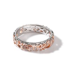 Jeulia Two Tone Floral and Leaf Carved Unique Sterling Silver Wommen's Band - Jeulia Jewelry Luxury Carved Rings For Women, Luxury Women's Jewelry With Decorative Band, Wedding Bands Rose Gold, Rose Gold Flower Ring, Women's Wedding Bands, Rose Gold Wedding Bands, Womens Wedding Bands, Yellow Gold Rings, Quality Jewelry