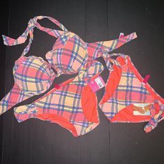 For Sale Is A Beautiful Nwt Victoria&Apos;S Secret Bikini: 34c Push Up Top+Small Bottom+Xs Side Tie Bottom Stunning!!!!Super Rare!! For Any Questions-Feel Free To Contact Me! Victoria's Secret Pink Fitted Swimwear, Victoria's Secret Pink Triangle Top Swimwear, Victoria's Secret Pink Swimwear For Pool, Victoria's Secret Pink Swimwear For Beach Party, Victoria Secret Swim, Pink Plaid, Orange Pink, Victoria's Secret Pink, Secret Pink