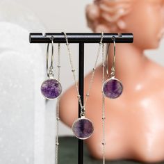 Amethyst Silver Jewelry Set - Circle Pendant Necklace AND matching dangle earrings Necklace and Earrings Set Soul & Little Rose Nickel Free Amethyst Round Pendant Jewelry, Sterling Silver Dangle Jewelry With Adjustable Chain, Sterling Silver Earrings With Adjustable Chain, Nickel-free Amethyst Round Pendant Jewelry, Sterling Silver Jewelry Sets With Drop Earrings, Sterling Silver Jewelry With Adjustable Dangle Chain, Sterling Silver Jewelry Sets With Birthstone For Gift, Sterling Silver Birthstone Jewelry Sets As Gift, Sterling Silver Drop Earrings Jewelry Sets As Gifts