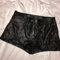 Leather Shorts Embellished With Studs On A Sewed Diamond Design. Leather Shorts, Diamond Design, Forever 21, Womens Shorts, Leather, Women Shopping, Black, Color, Design